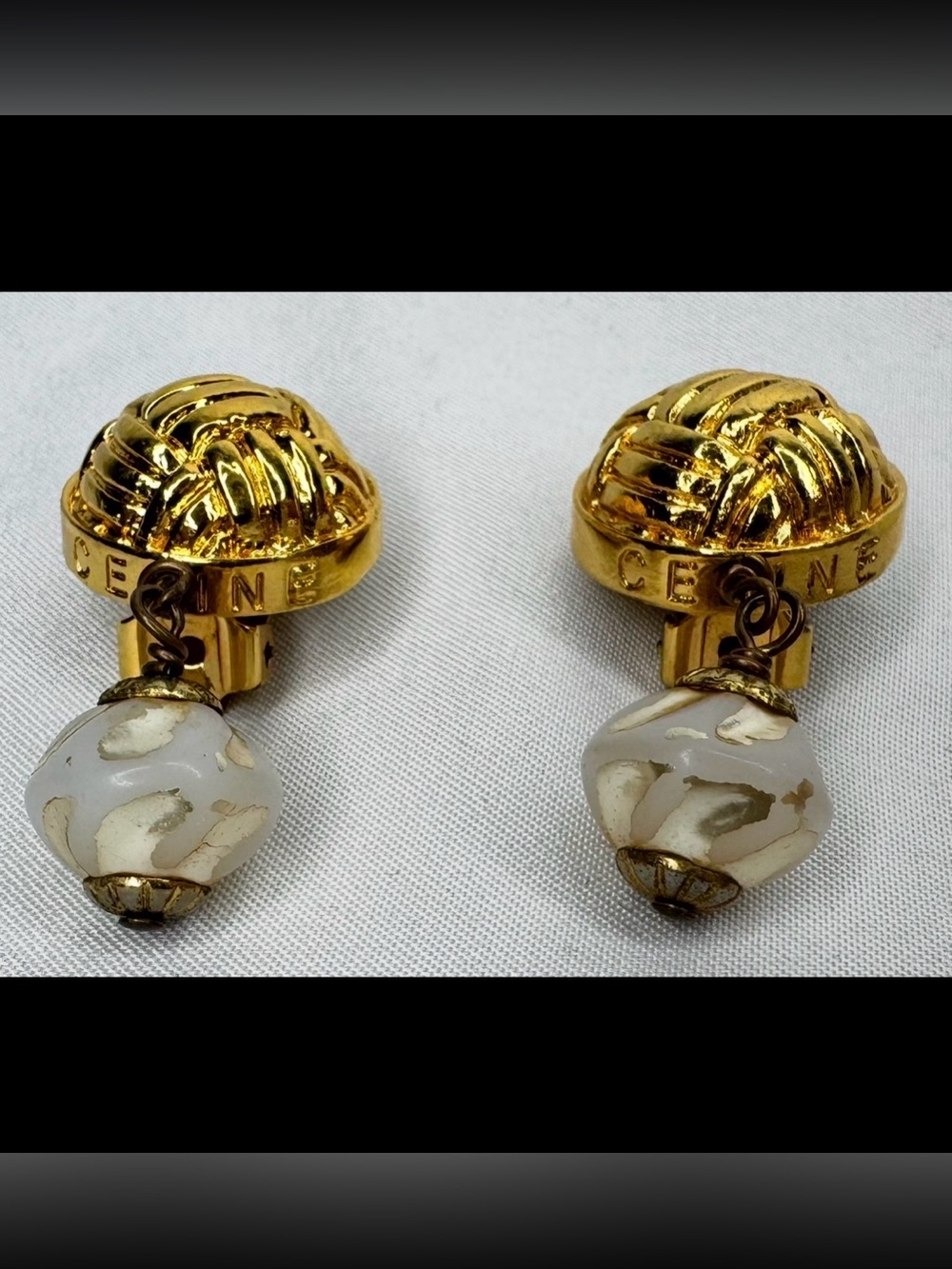 Celine Gold-Tone Knot Clip-On Earrings with Cream Glass Drops w/ COA!